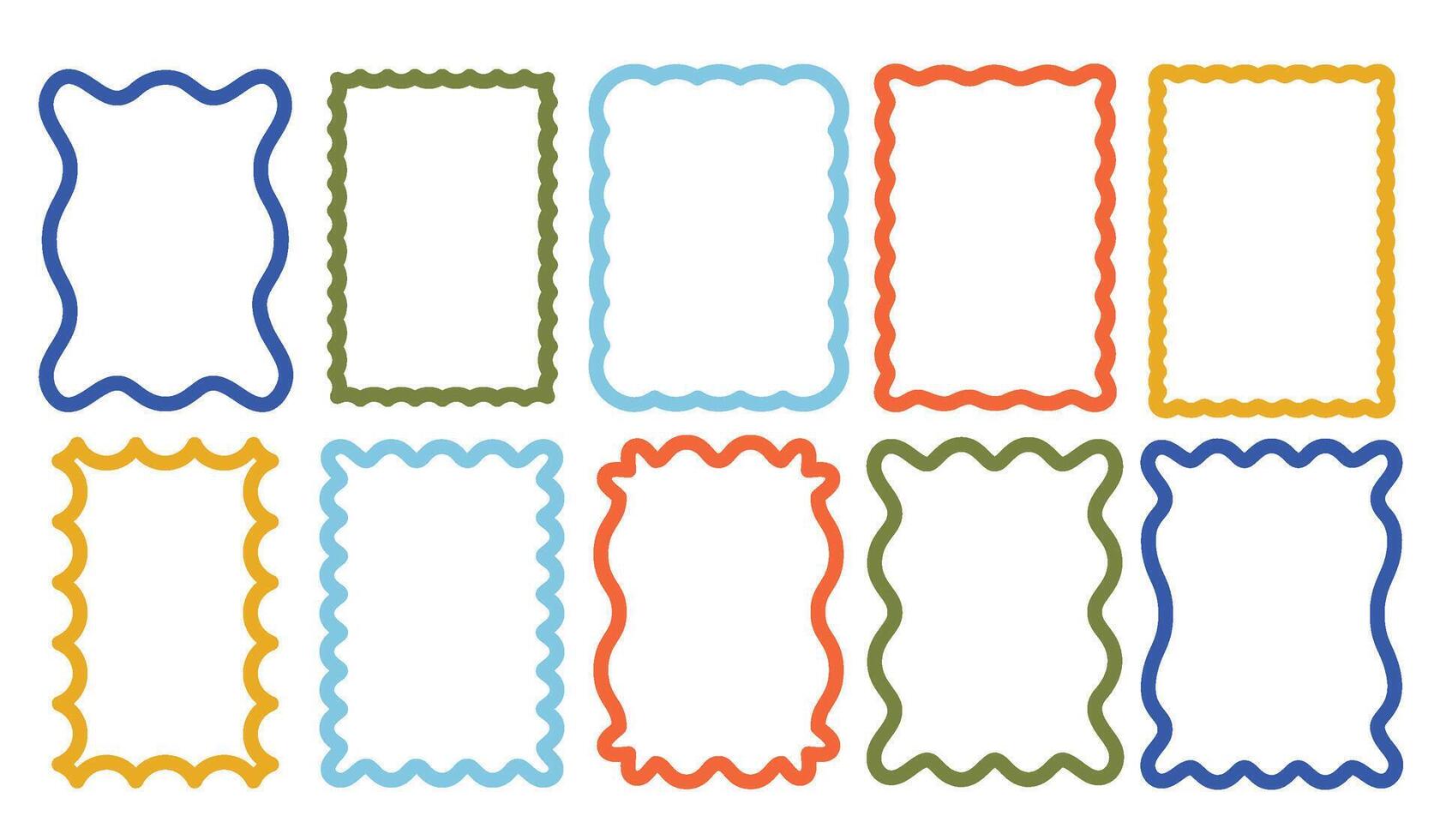 Wavy frames. Curvy border, smooth zigzag scalloped frame and rectangle shapes with wave edge. Retro decorative squiggly card borders set with editable stroke paths vector
