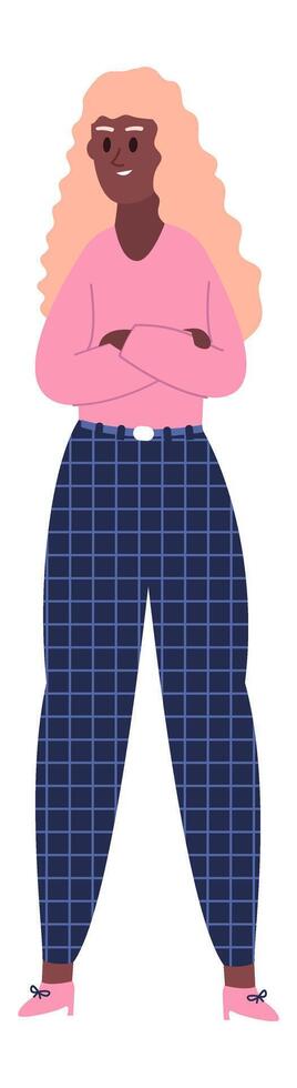 Young black woman with crossed arms, wearing pink sweater and blue checkered trousers, showcasing confidence and professionalism, isolated on white background vector