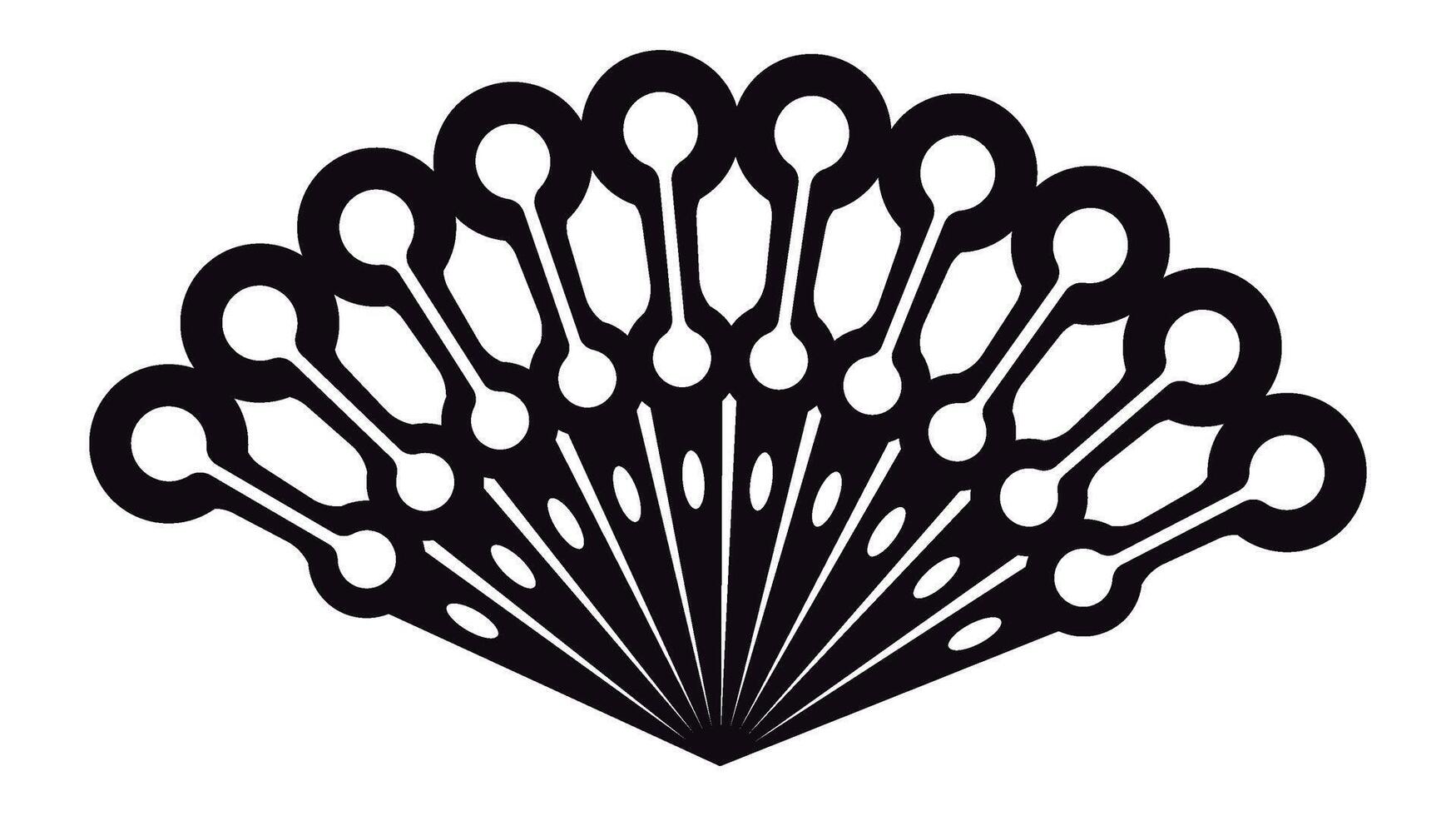 Black and white stylized peacock fan spreading its mesmerizing feathers creating a beautiful symmetrical pattern, ideal for fashion, textile, or interior design projects vector