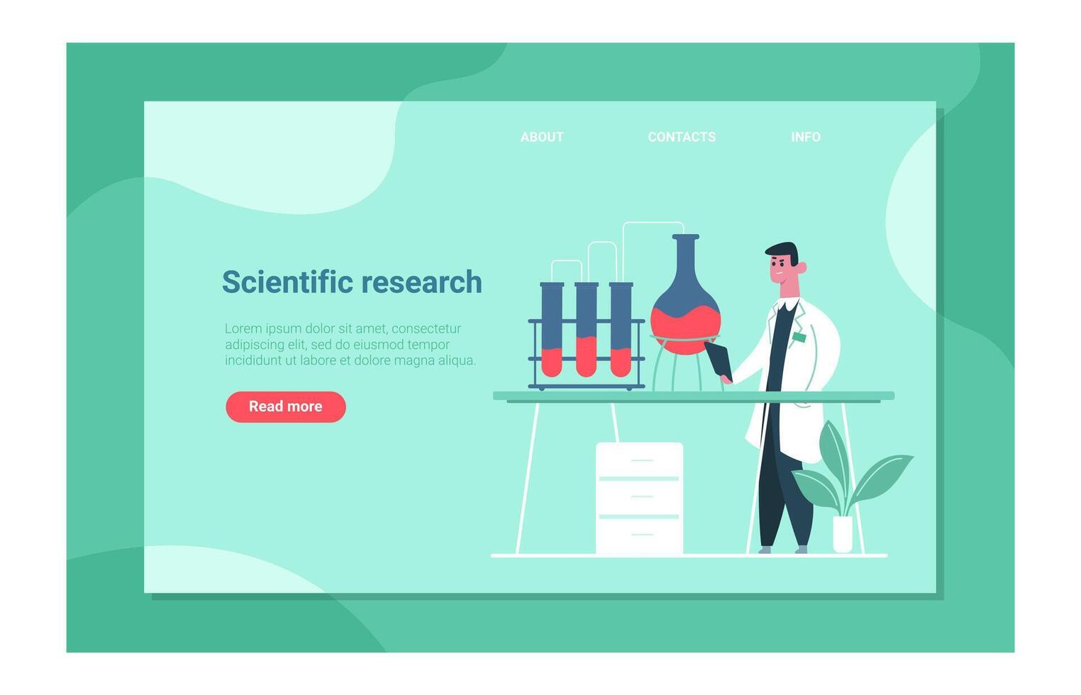 Landing page template showing scientist doing scientific research in laboratory using test tubes and flasks, holding tablet, with drawer cabinet and plant, healthcare and experiment concept vector