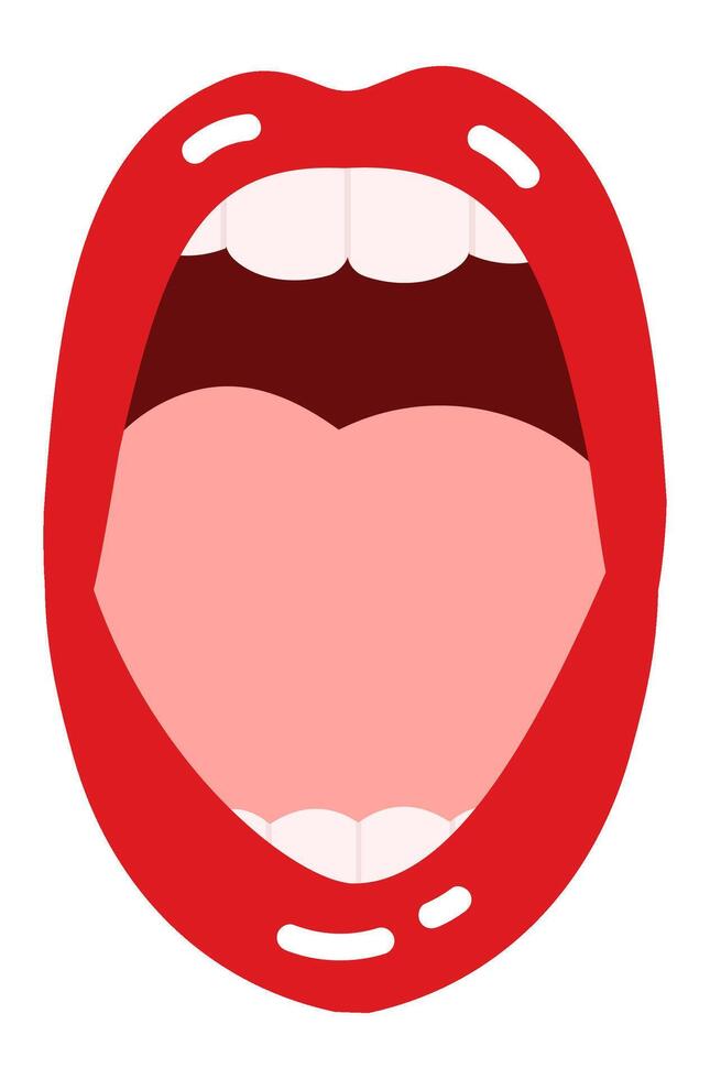 Open mouth displaying vibrant red lips, showing tongue and teeth while screaming or singing, creating an expressive illustration on a clean white background vector