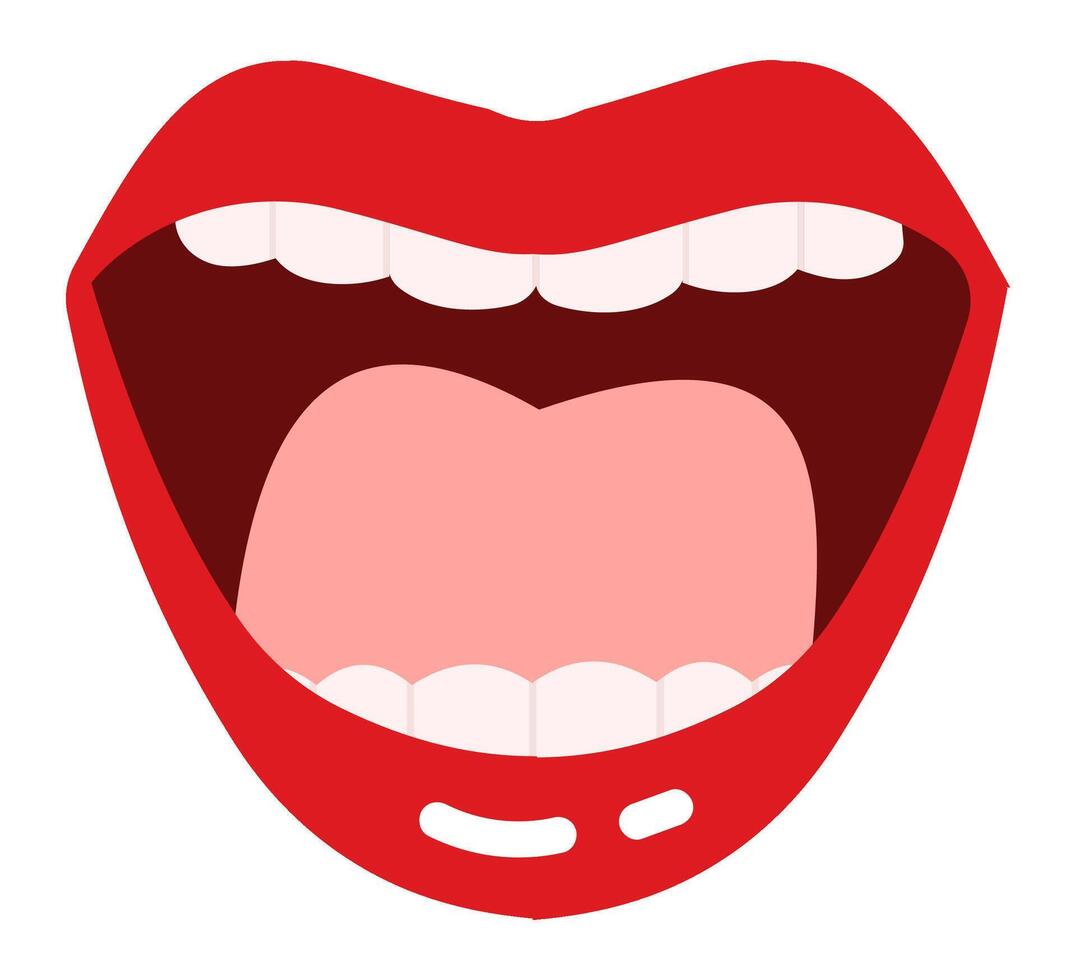 Open mouth displaying bright red lipstick, revealing tongue and teeth while expressing surprise and astonishment, capturing a moment of unexpected excitement and joy vector