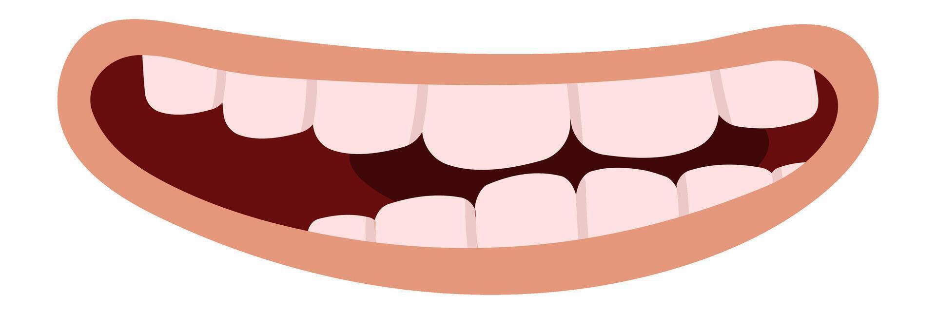 White teeth and pink gums are framed by light pink lips, forming a wide, cheerful smile, suggesting happiness, joy, and good dental hygiene vector