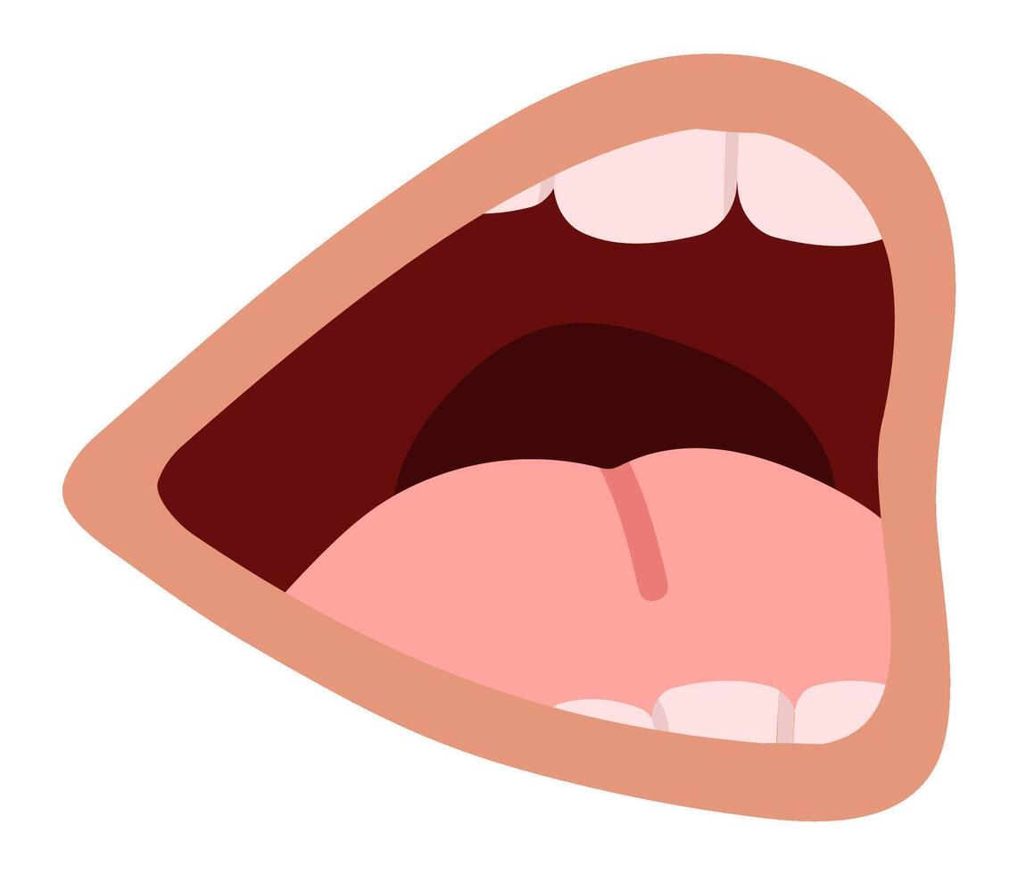 Cartoon illustration featuring an open mouth with tongue and teeth, expressing emotions through screaming or singing, rendered in a simple flat style on a white background vector