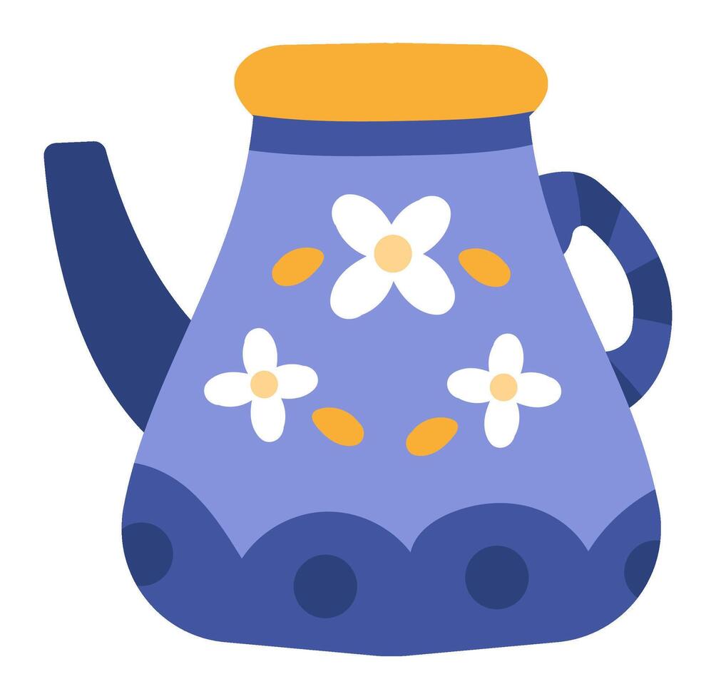 Charming blue teapot adorned with delicate white flowers and an orange lid, ready to brew a soothing cup of herbal tea, perfect for cozy moments and relaxation vector
