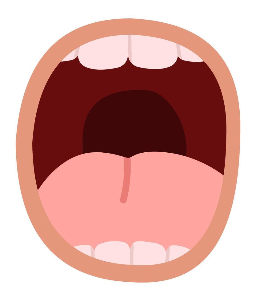 Cartoon illustration featuring an open mouth displaying a tongue and teeth, conveying emotions like screaming, singing, or expressing strong feelings vividly vector