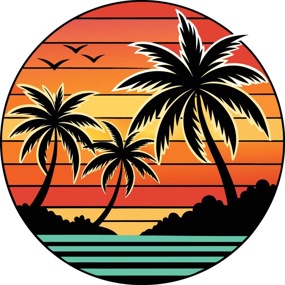 Retro sunset with palm tree silhouettes vector