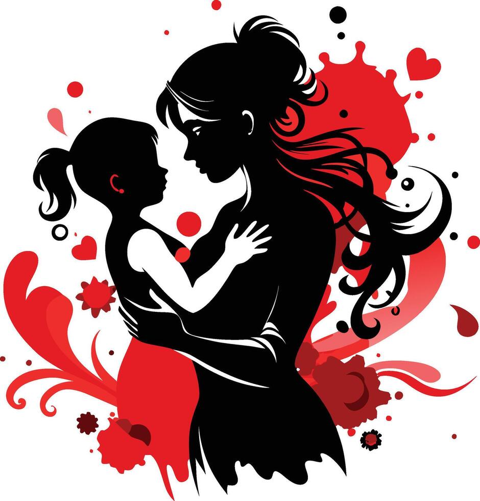 Silhouette of mother and daughter with red hearts vector