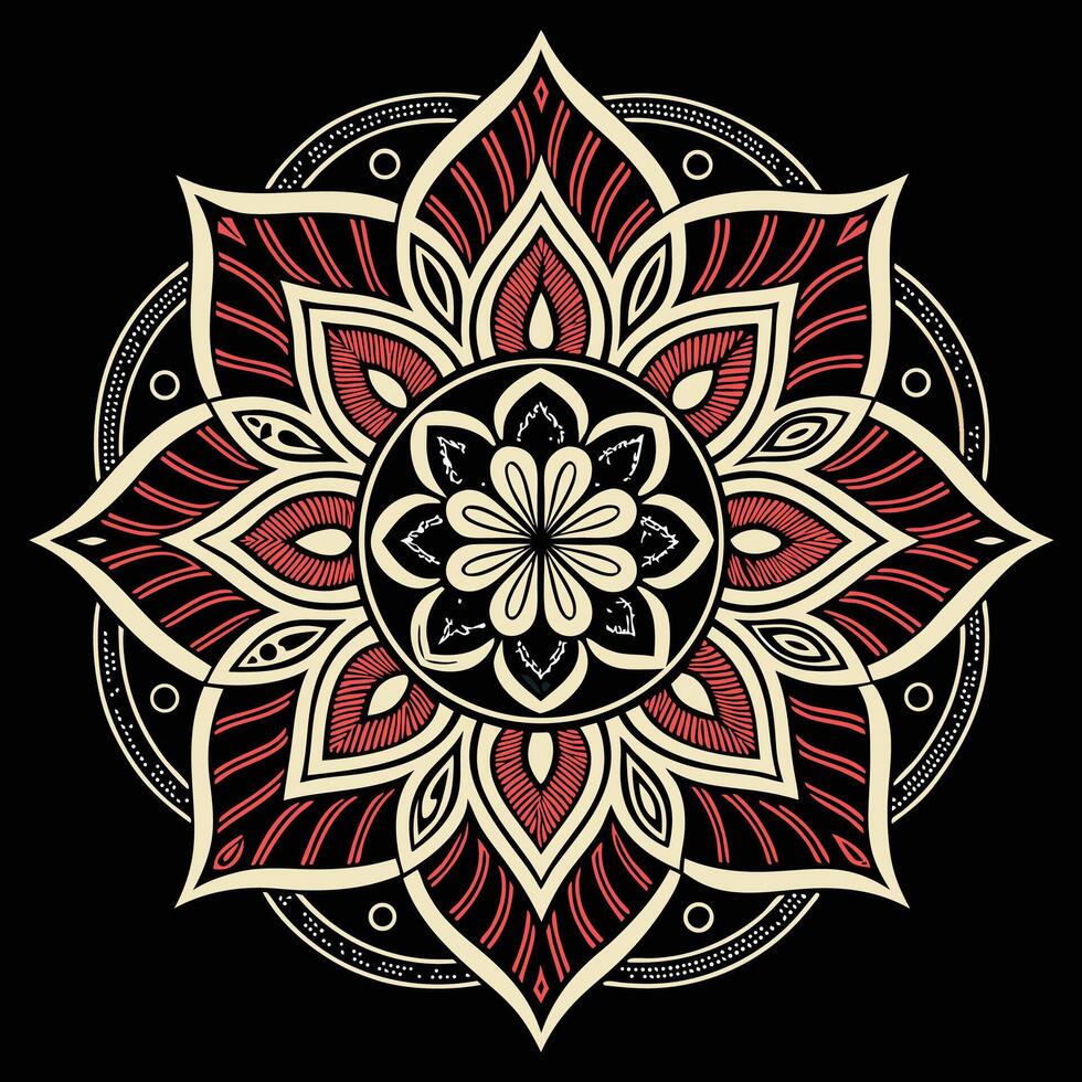 Intricate Red and Beige Mandala Design Symmetrical Floral Pattern Black Background Geometric Ornament vector