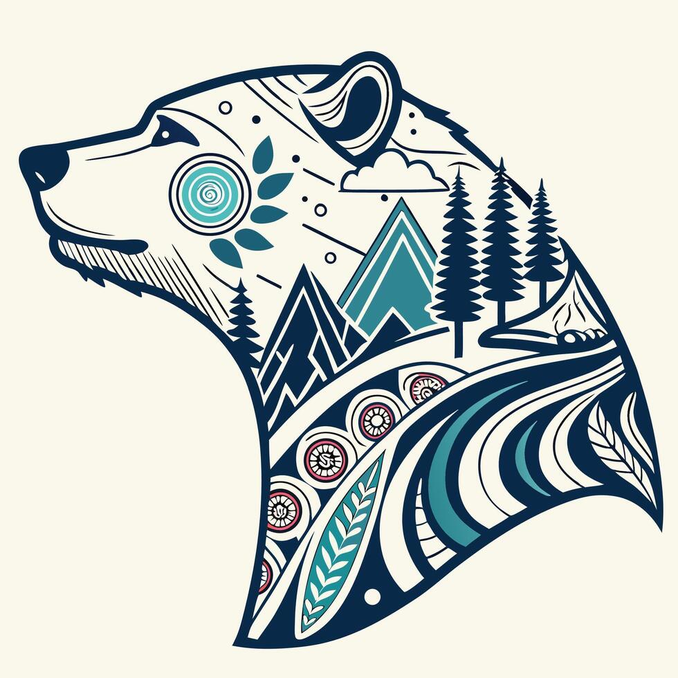 A bear head with a mountain and trees in the background vector
