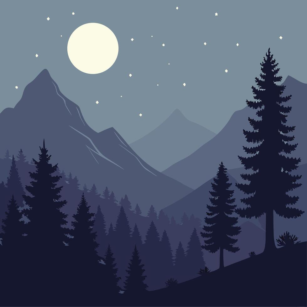 Night landscape with mountains and trees at night vector
