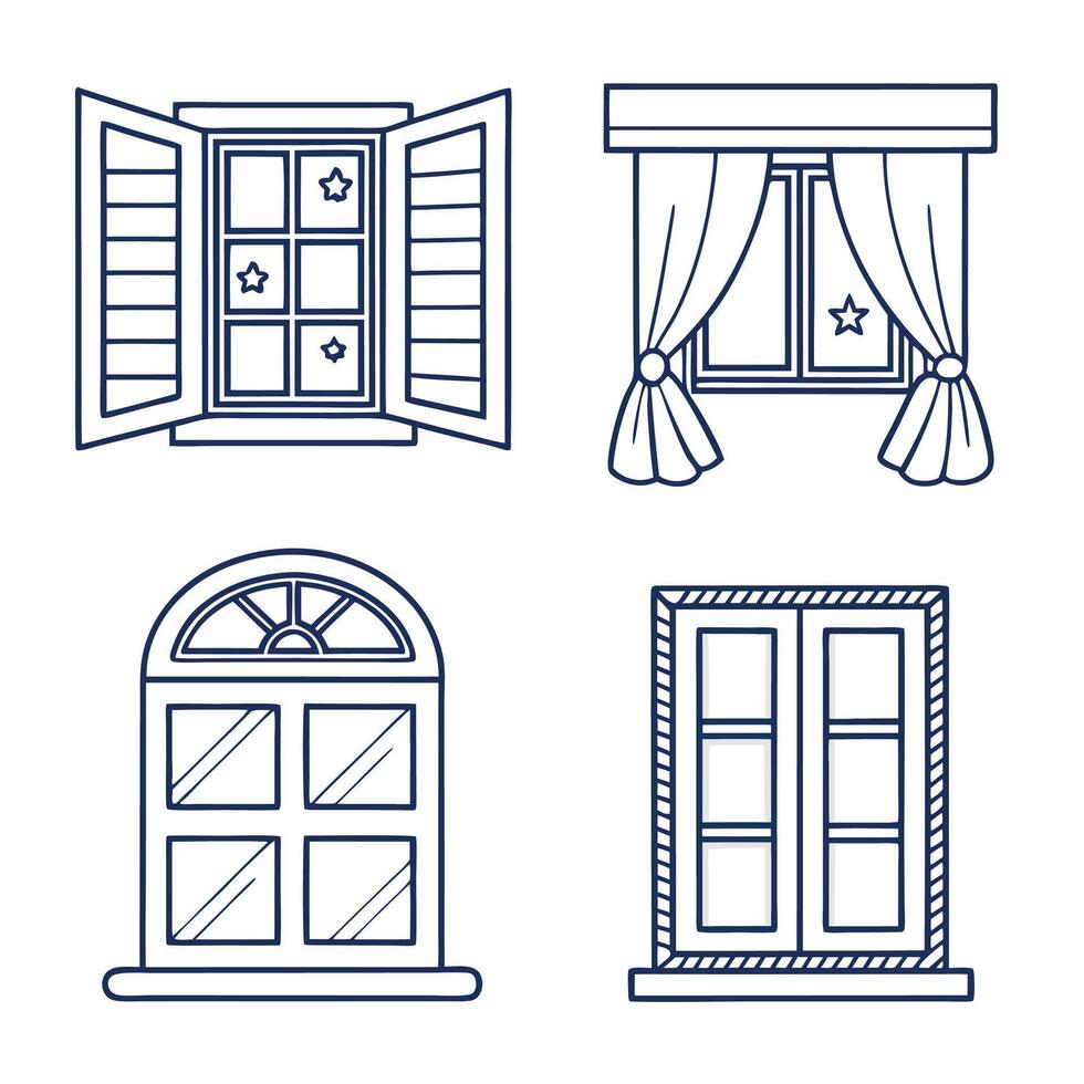 Icon Set Four Window Styles Shutters Curtains Arch Top Pane Details Dark Blue Line Art vector