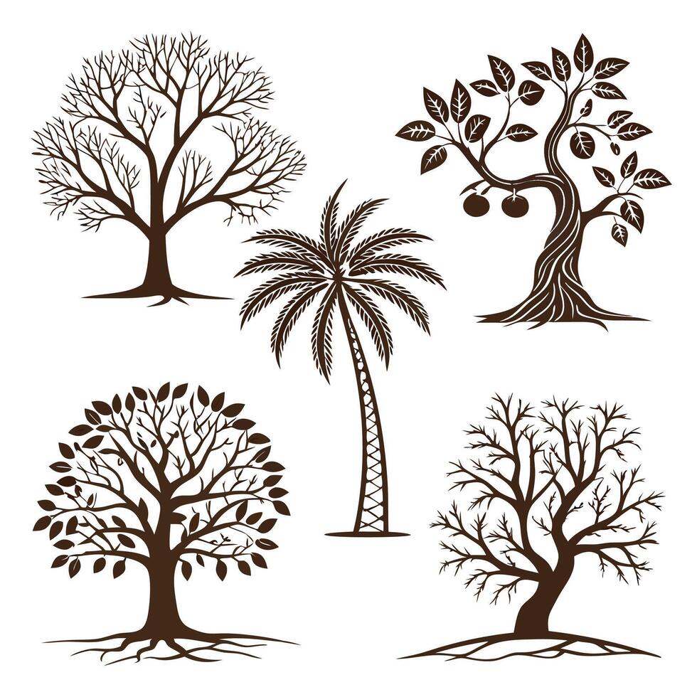 Brown Silhouette Icon Set of Five Different Trees Including Leafless and Leafy Trees and a Palm Tree vector