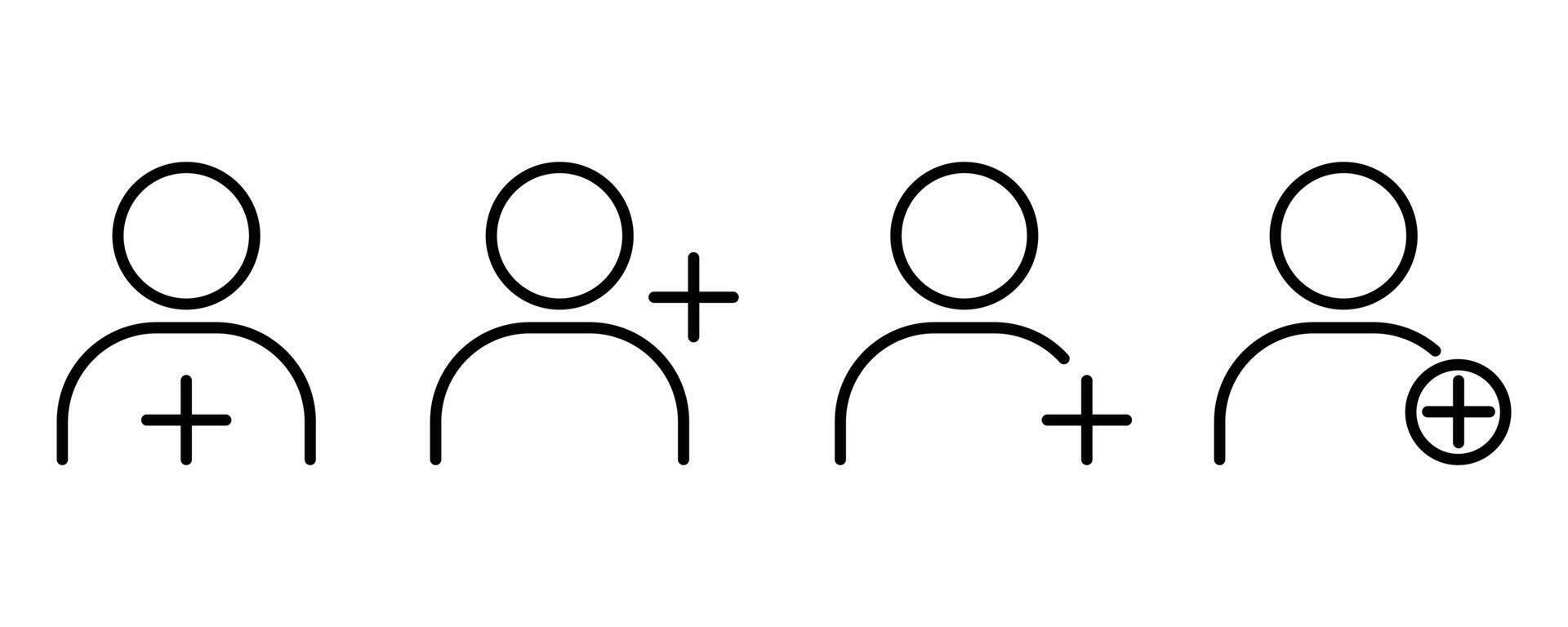 Add user icon set. Person profile avatar with plus icon, add account symbol linear icons. vector