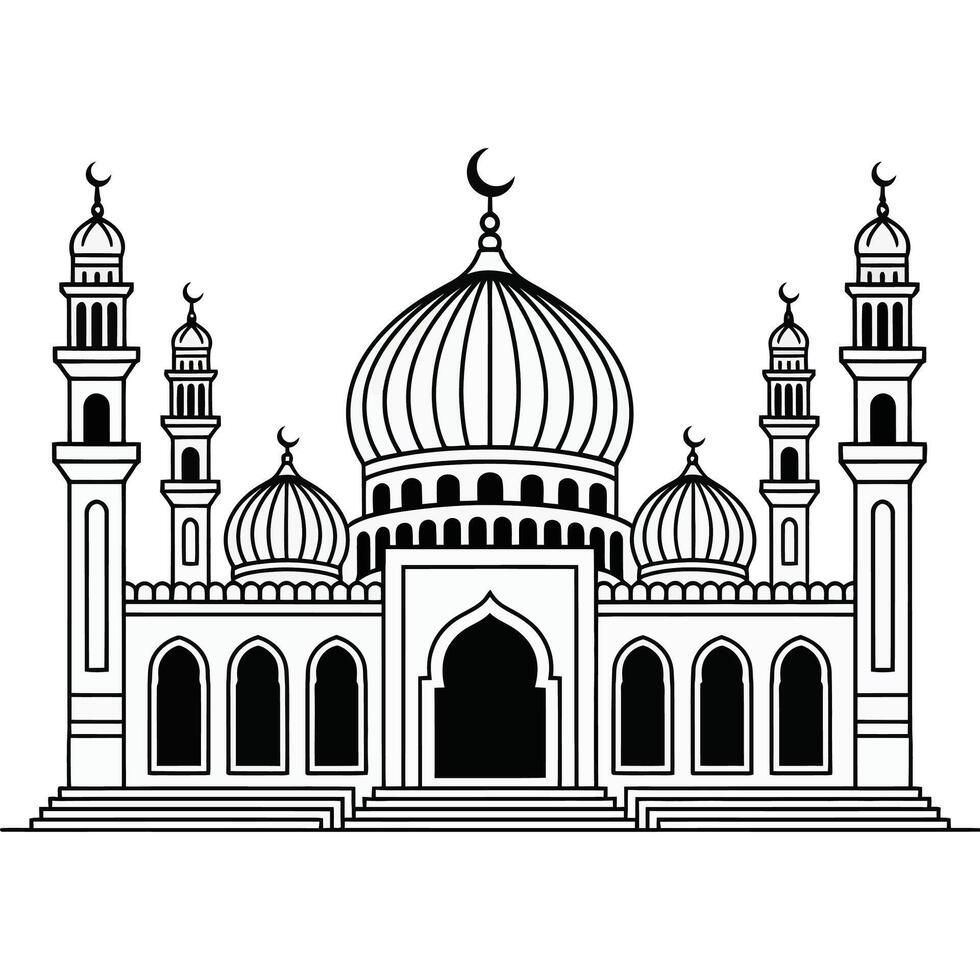 Flat Style Mosque Design with Domes and Minarets. vector
