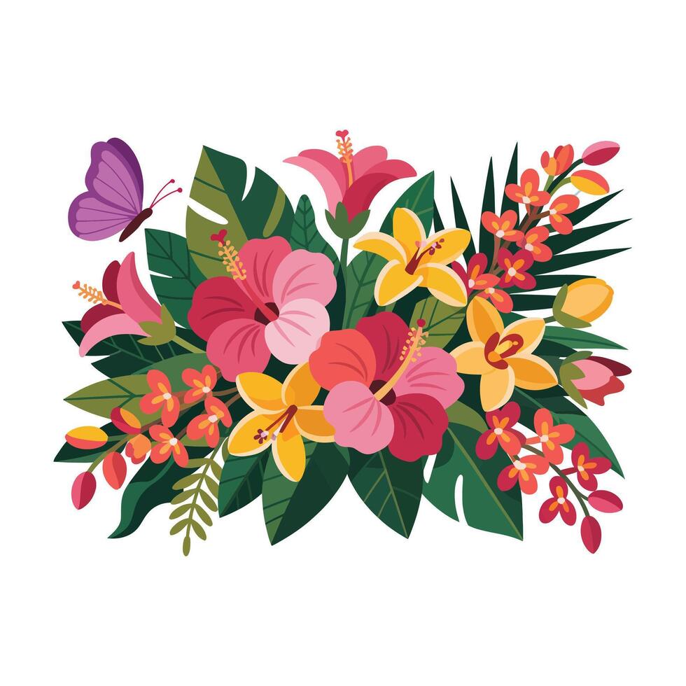 Tropical flowers and butterflies on a white background vector