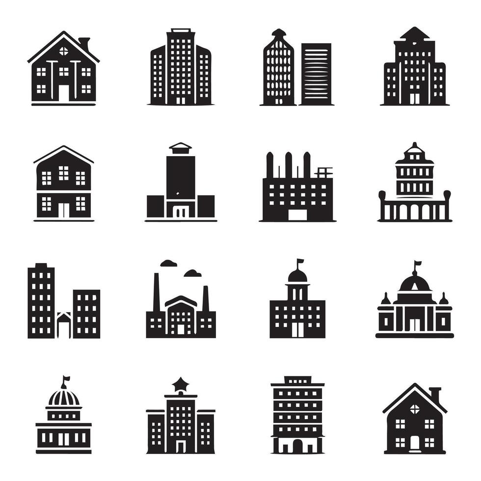 Flat Black Building Icons Set. vector