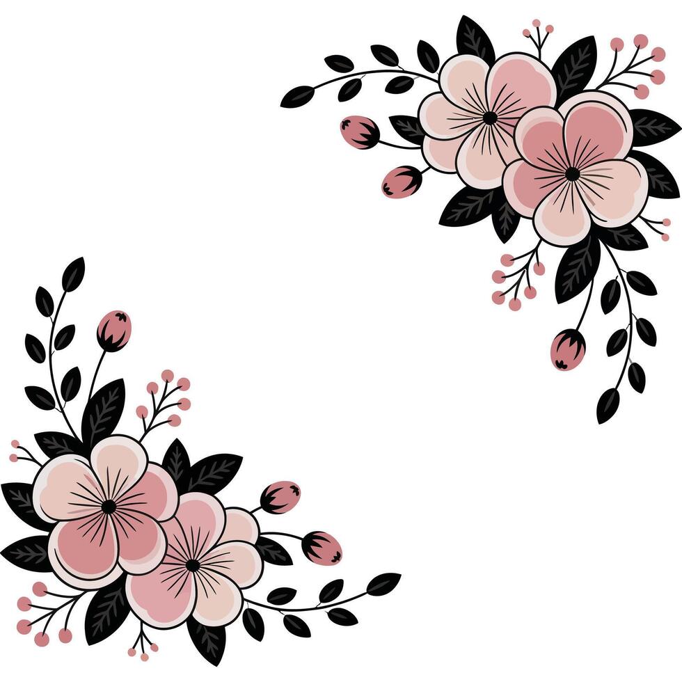 A floral border with pink flowers and black leaves vector
