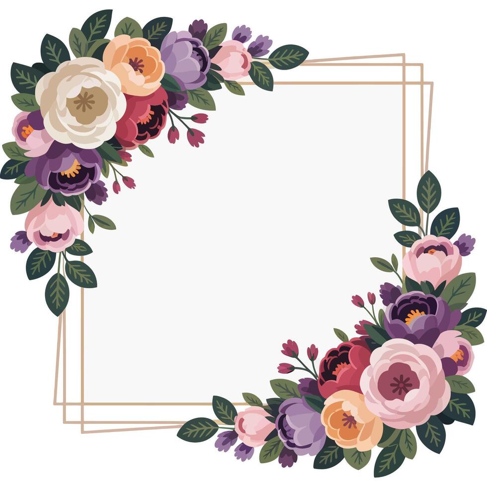 Floral Wedding Invitation with Gold Frame. vector