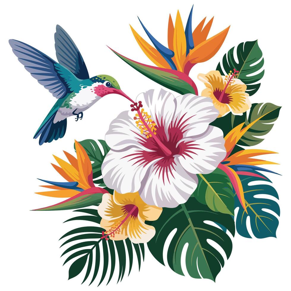 Tropical flowers and hummingbird vector
