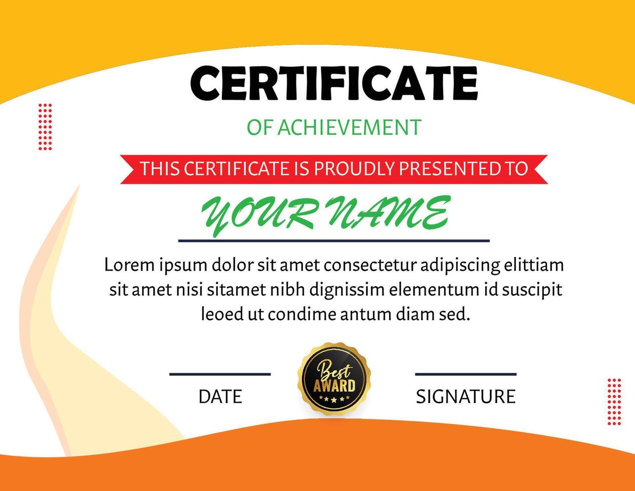 Certificate of achievement template with an orange and white design vector