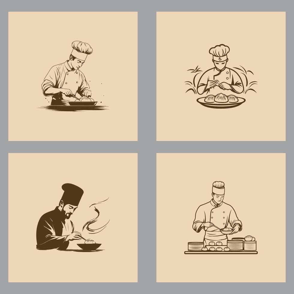 Four illustrations of chefs preparing delicious dumplings vector
