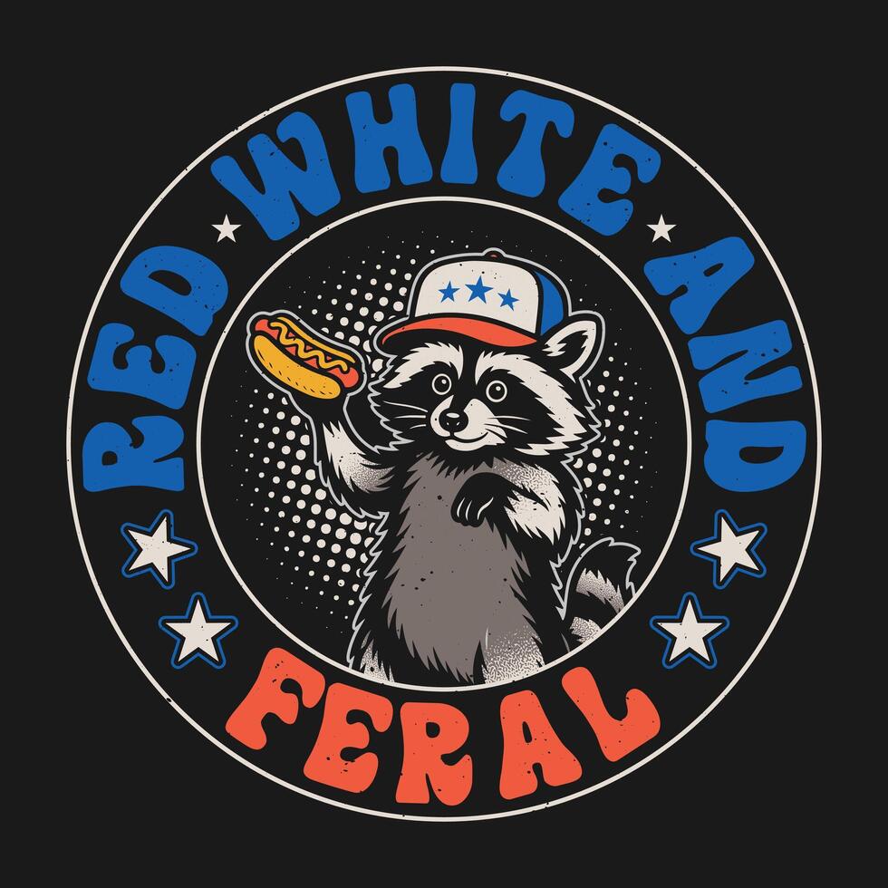 Red White and Feral Raccoon with Hot Dog Celebrating Independence Day 4th Of July T Shirt Design vector