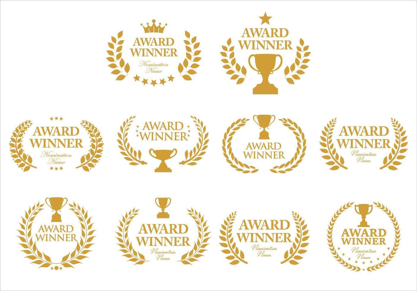 Award Winner emblem and logo collection of laurel with gold text isolated on white background vector