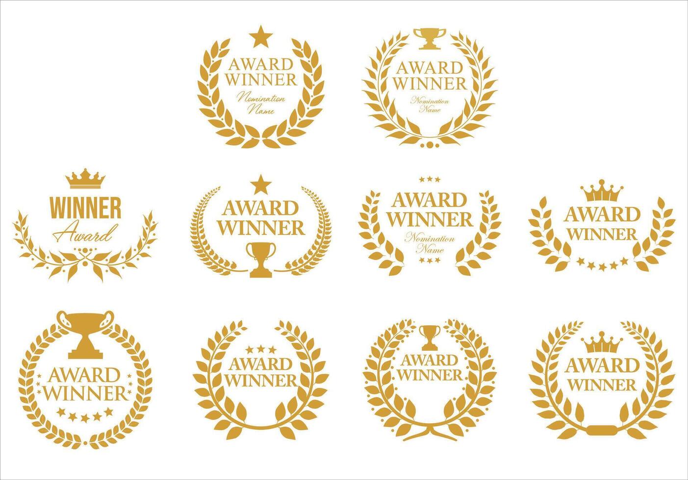 Award Winner emblem and logo collection of gold laurel with gold text isolated on white background vector