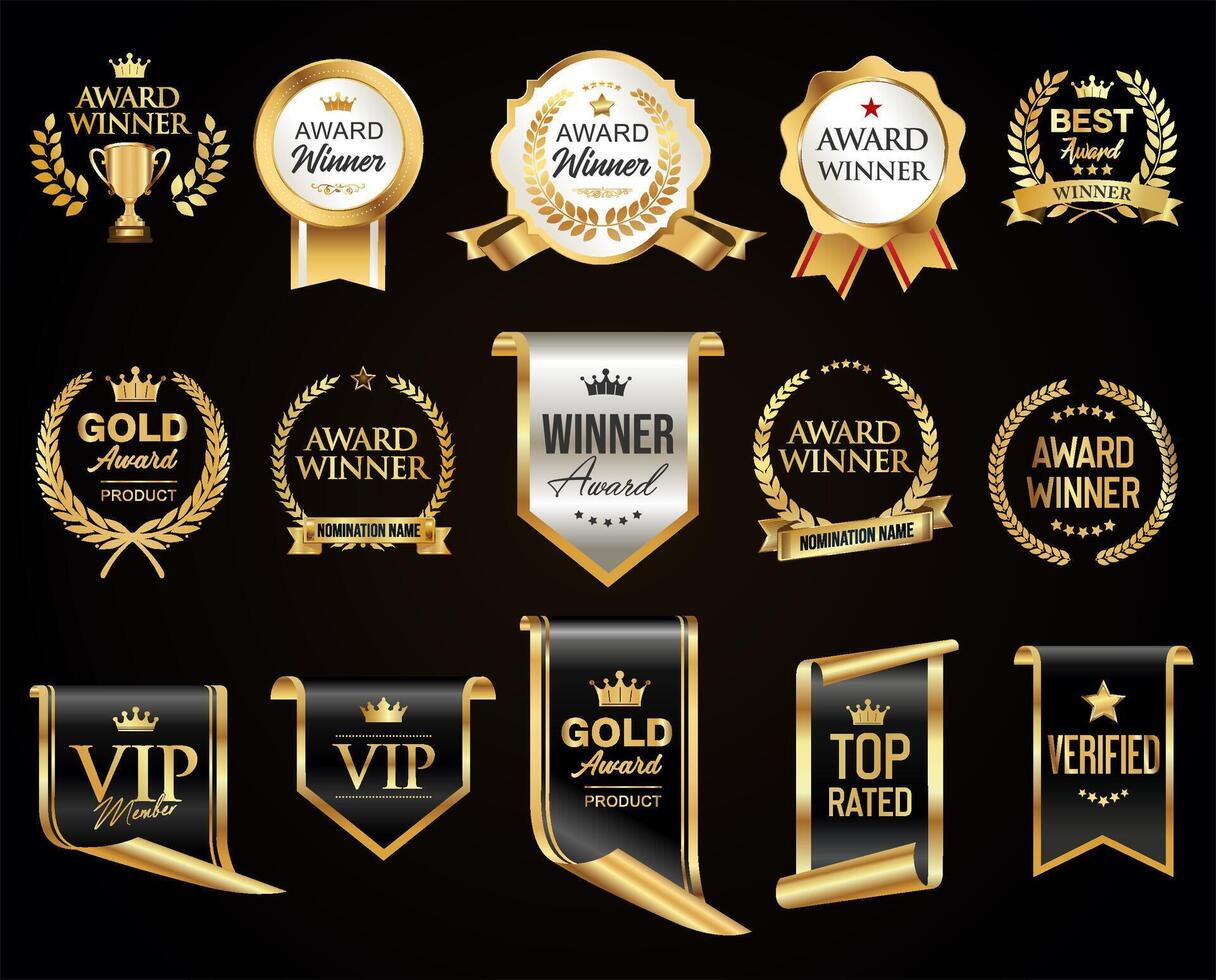 Collection of award badges and icons vector