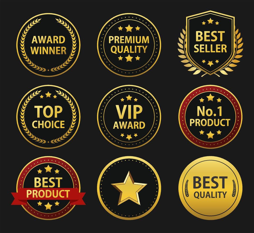 Set of 9 gold award badges with red and black accents. Includes premium, best seller, top choice, and VIP labels. Ideal for certificates, branding, and promotions. , fully editable vector