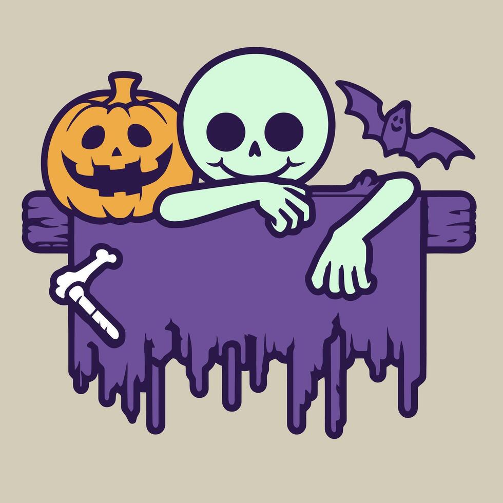 Spooky Skeleton with Halloween Pumpkin and Bat vector