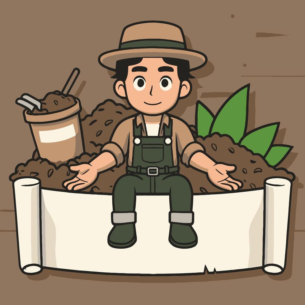 Farmer Working in Garden with Seedlings vector