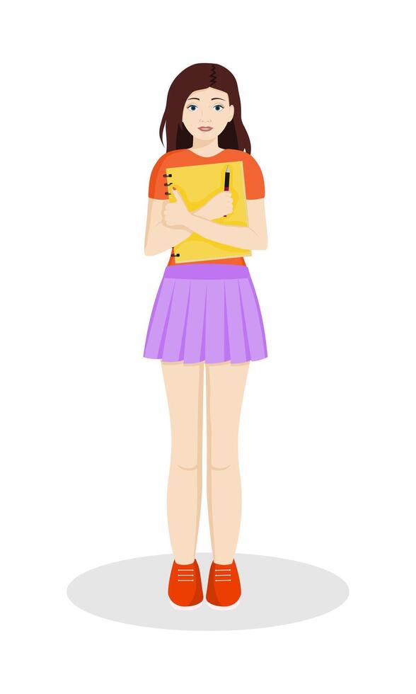 Student girl holds notebook and pencil in her hands vector