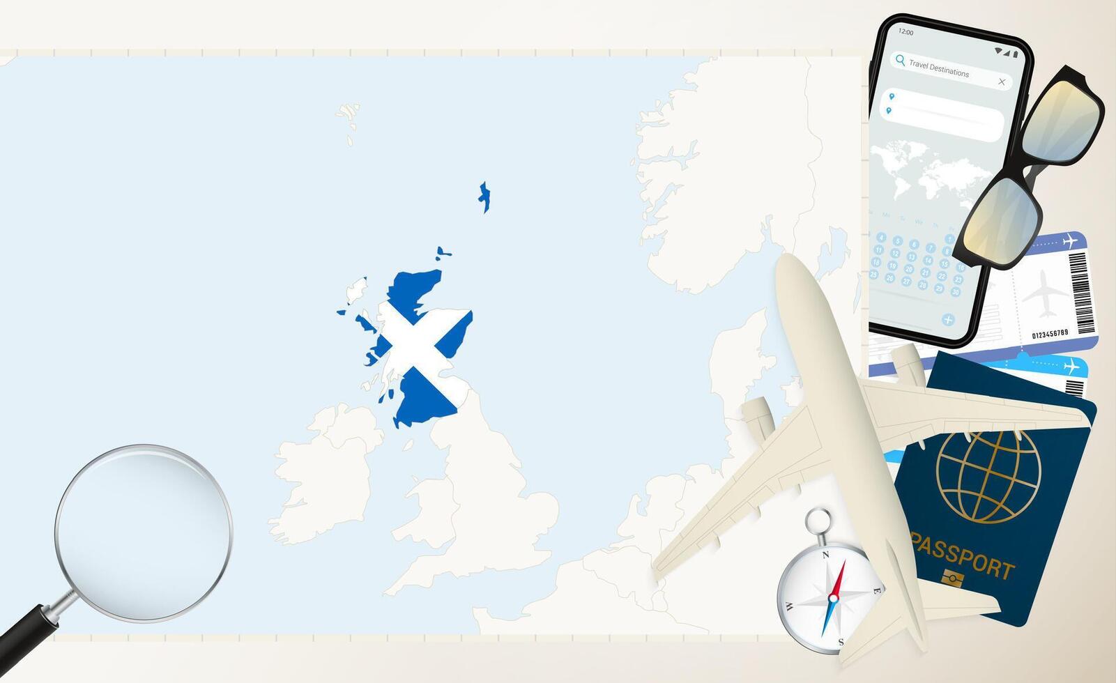 Scotland map and flag, cargo plane on the detailed map of Scotland with flag. vector
