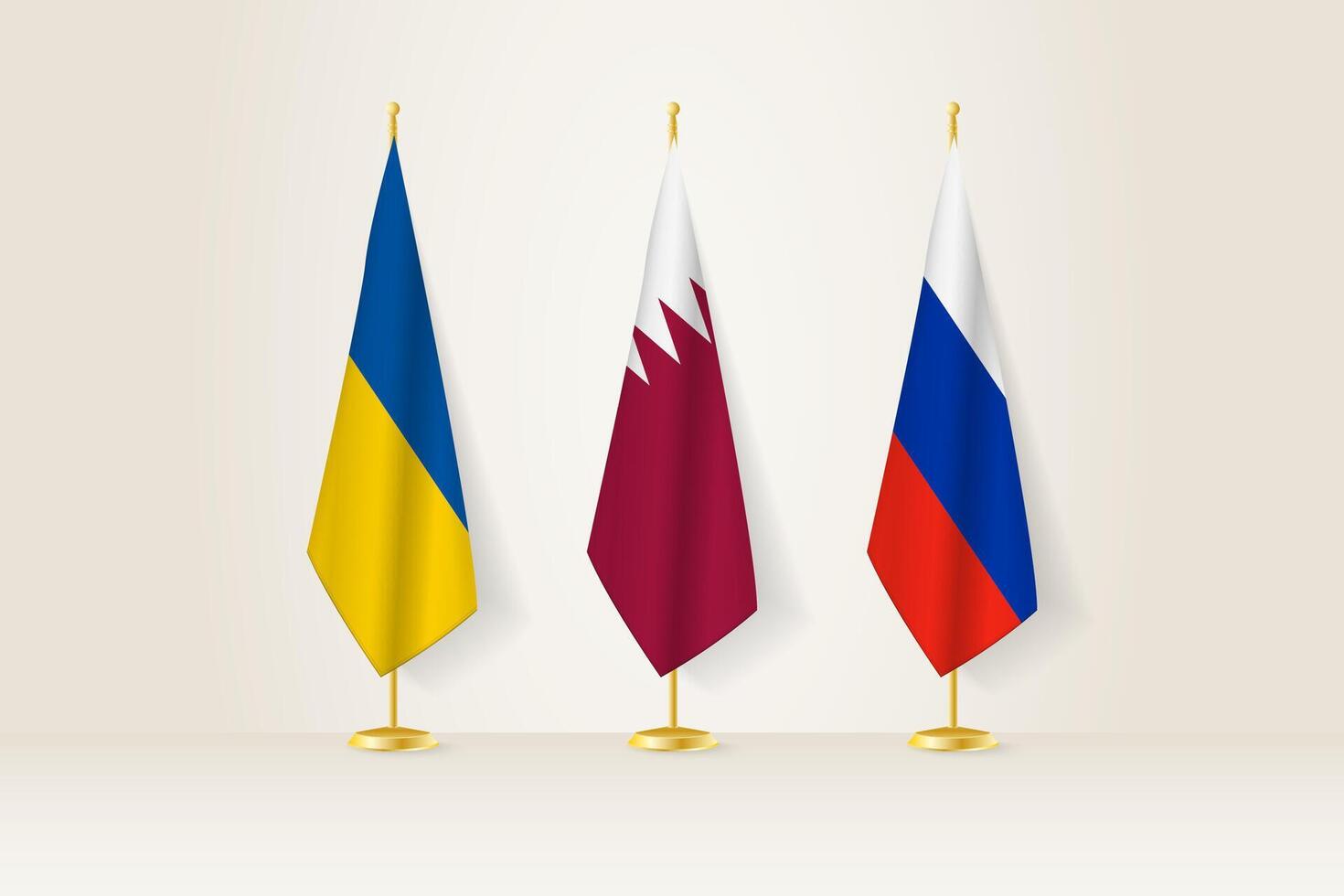 Diplomatic Meeting Representation, Ukraine, Qatar and Russia Flags. Flags on Diplomatic Stands. vector