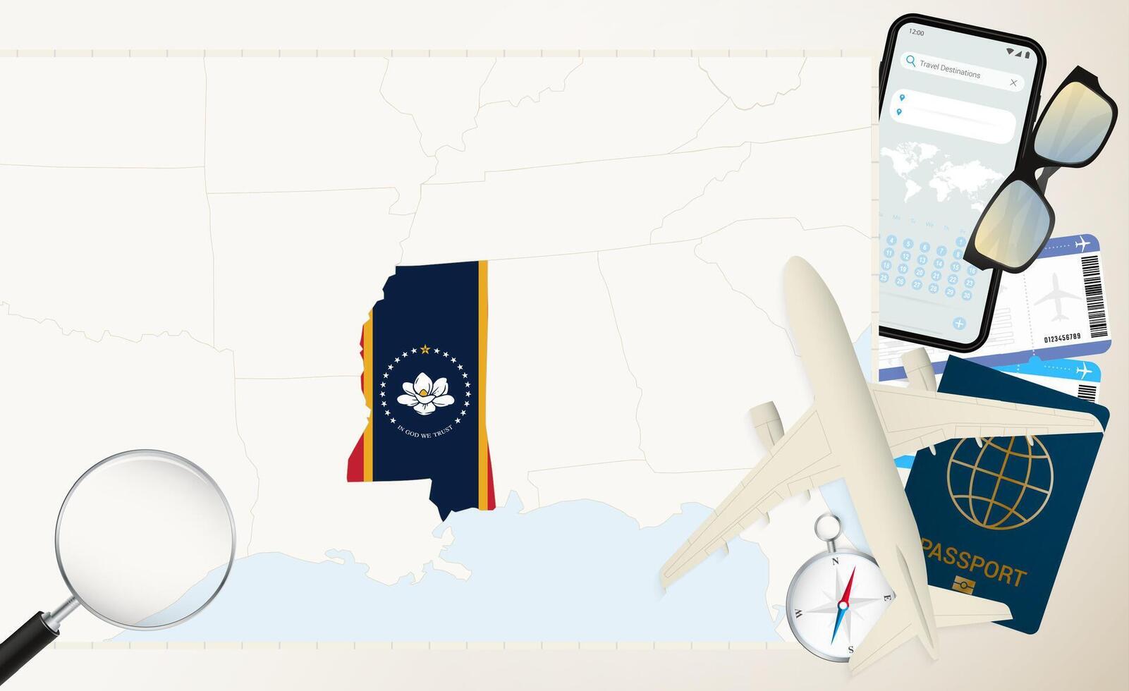 Mississippi map and flag, cargo plane on the detailed map of Mississippi with flag. vector