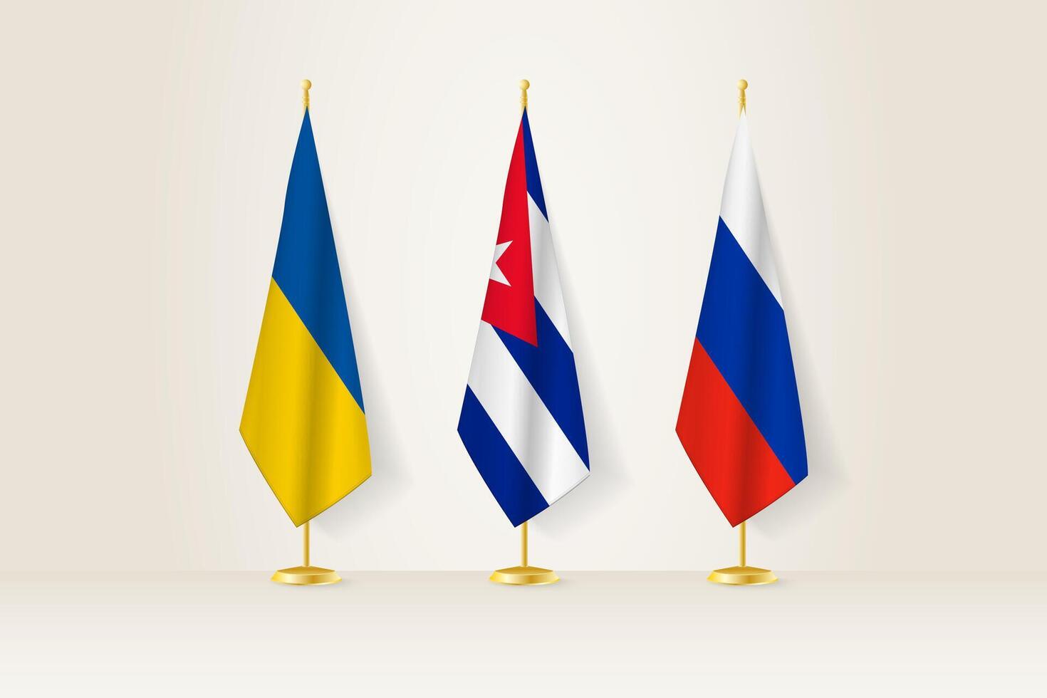 Diplomatic Meeting Representation, Ukraine, Cuba and Russia Flags. Flags on Diplomatic Stands. vector