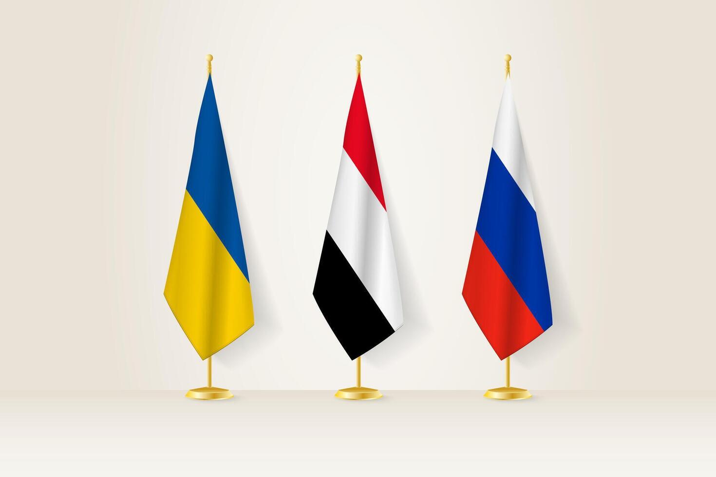 Diplomatic Meeting Representation, Ukraine, Yemen and Russia Flags. Flags on Diplomatic Stands. vector