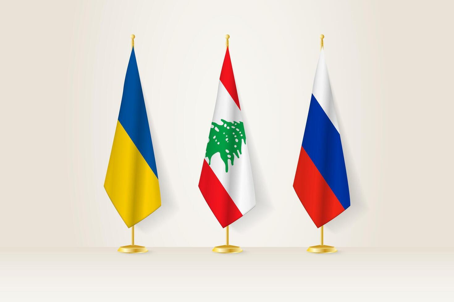 Diplomatic Meeting Representation, Ukraine, Lebanon and Russia Flags. Flags on Diplomatic Stands. vector