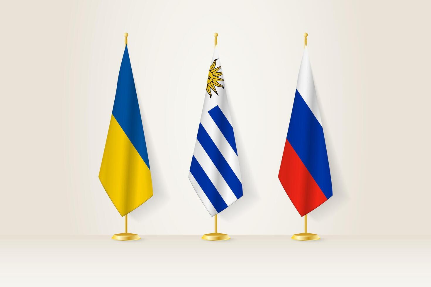 Diplomatic Meeting Representation, Ukraine, Uruguay and Russia Flags. Flags on Diplomatic Stands. vector