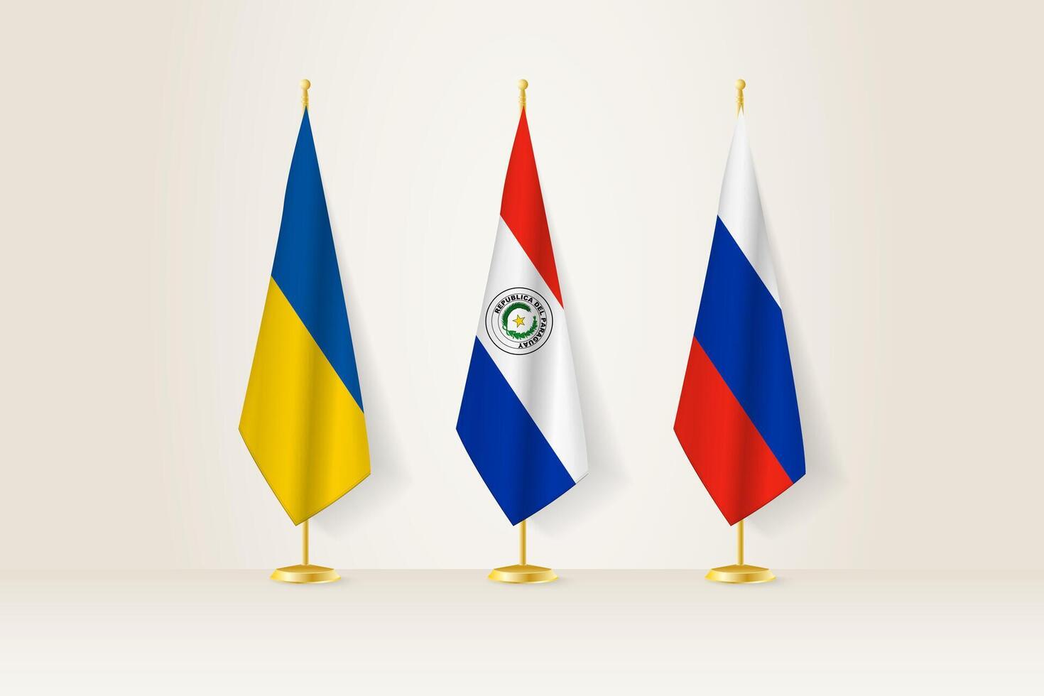 Diplomatic Meeting Representation, Ukraine, Paraguay and Russia Flags. Flags on Diplomatic Stands. vector