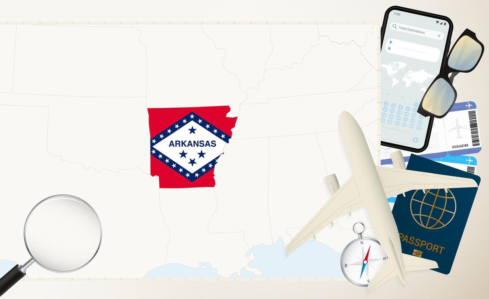 Arkansas map and flag, cargo plane on the detailed map of Arkansas with flag. vector