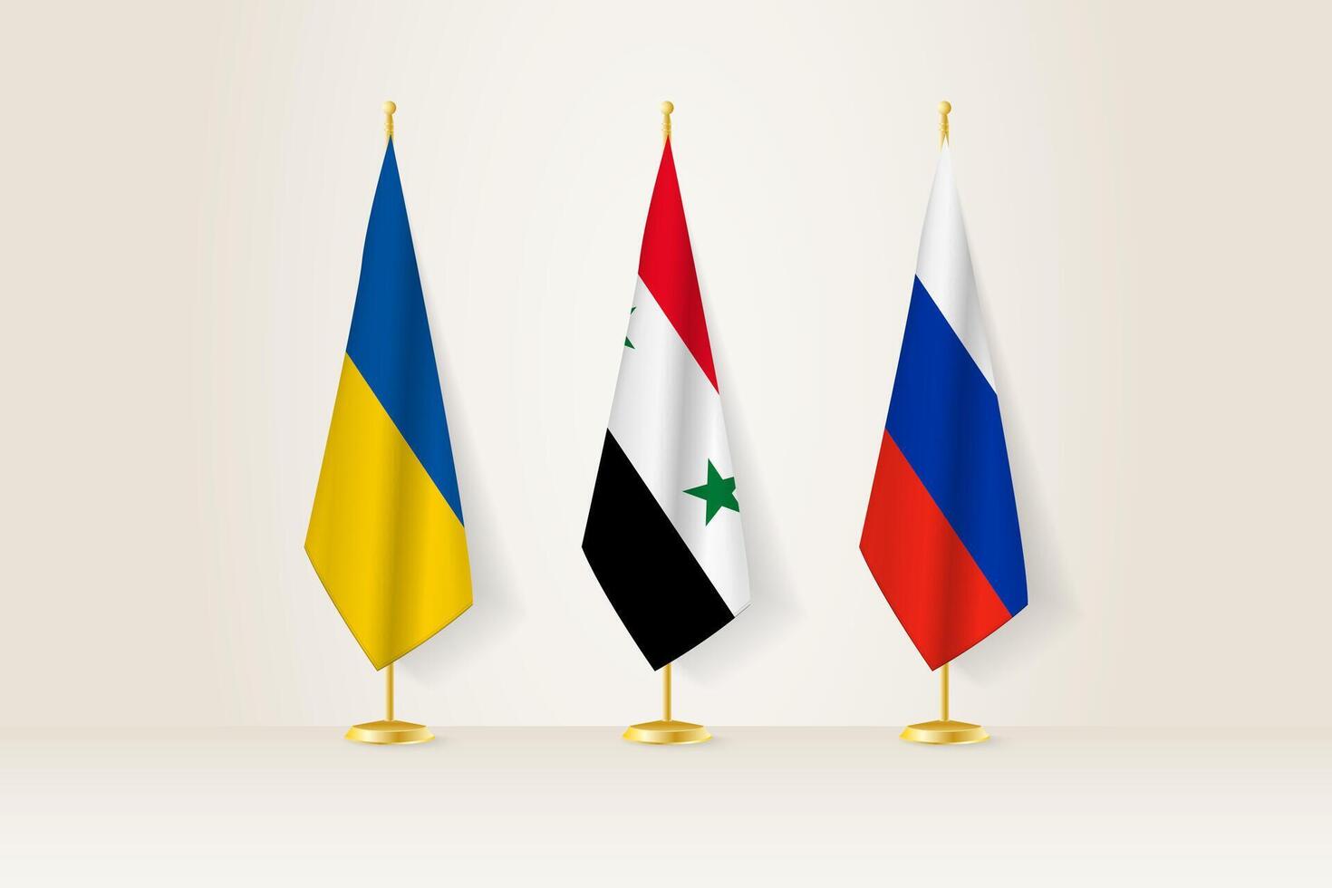 Diplomatic Meeting Representation, Ukraine, Syria and Russia Flags. Flags on Diplomatic Stands. vector