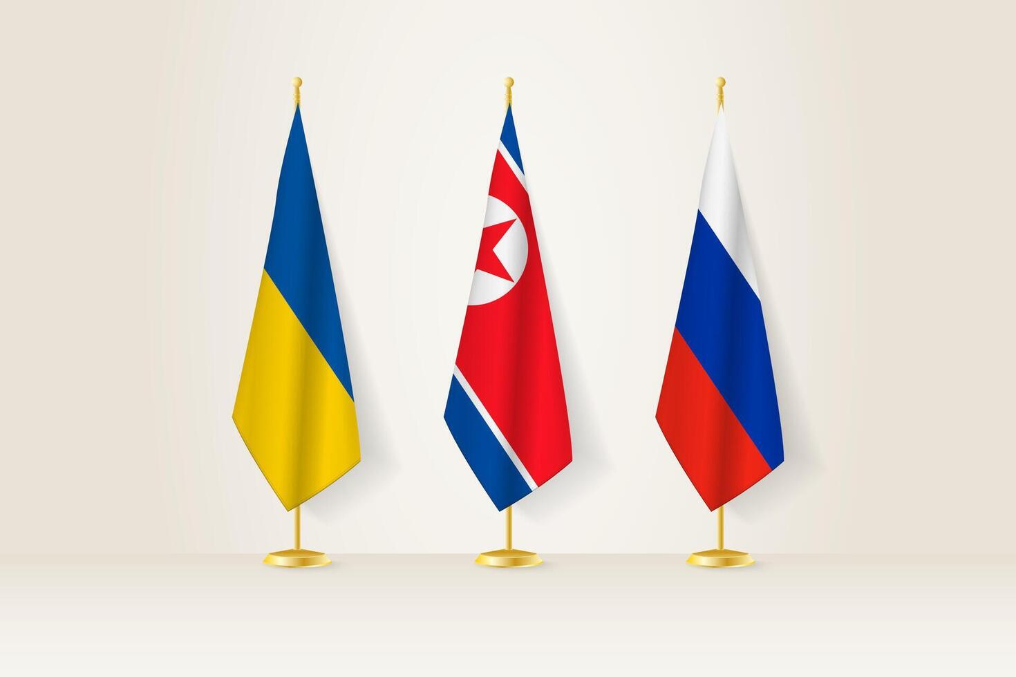 Diplomatic Meeting Representation, Ukraine, North Korea and Russia Flags. Flags on Diplomatic Stands. vector