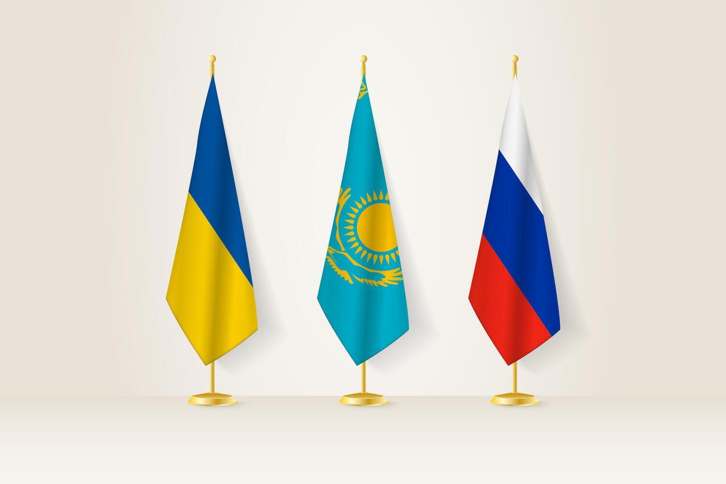 Diplomatic Meeting Representation, Ukraine, Kazakhstan and Russia Flags. Flags on Diplomatic Stands. vector