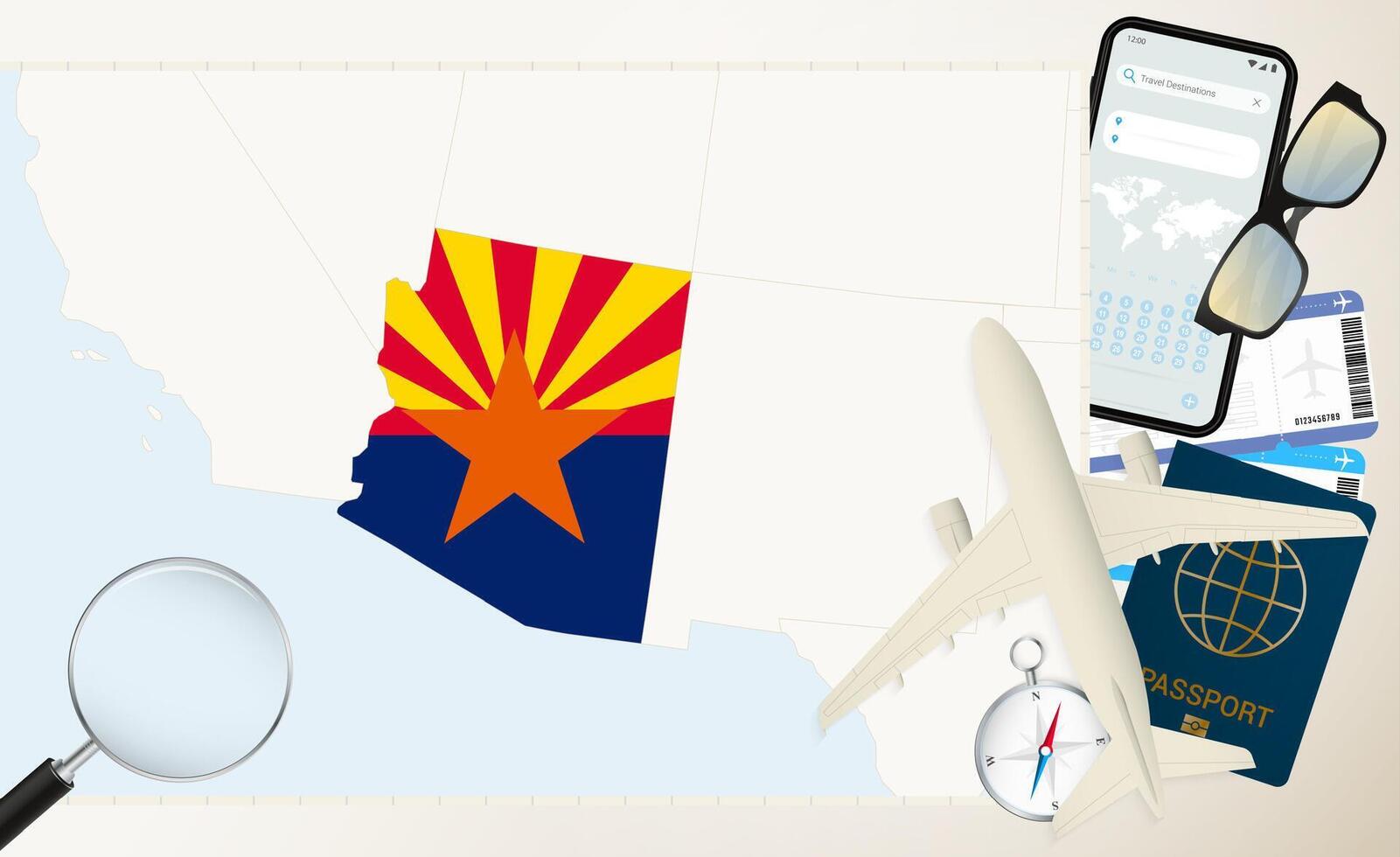 Arizona map and flag, cargo plane on the detailed map of Arizona with flag. vector