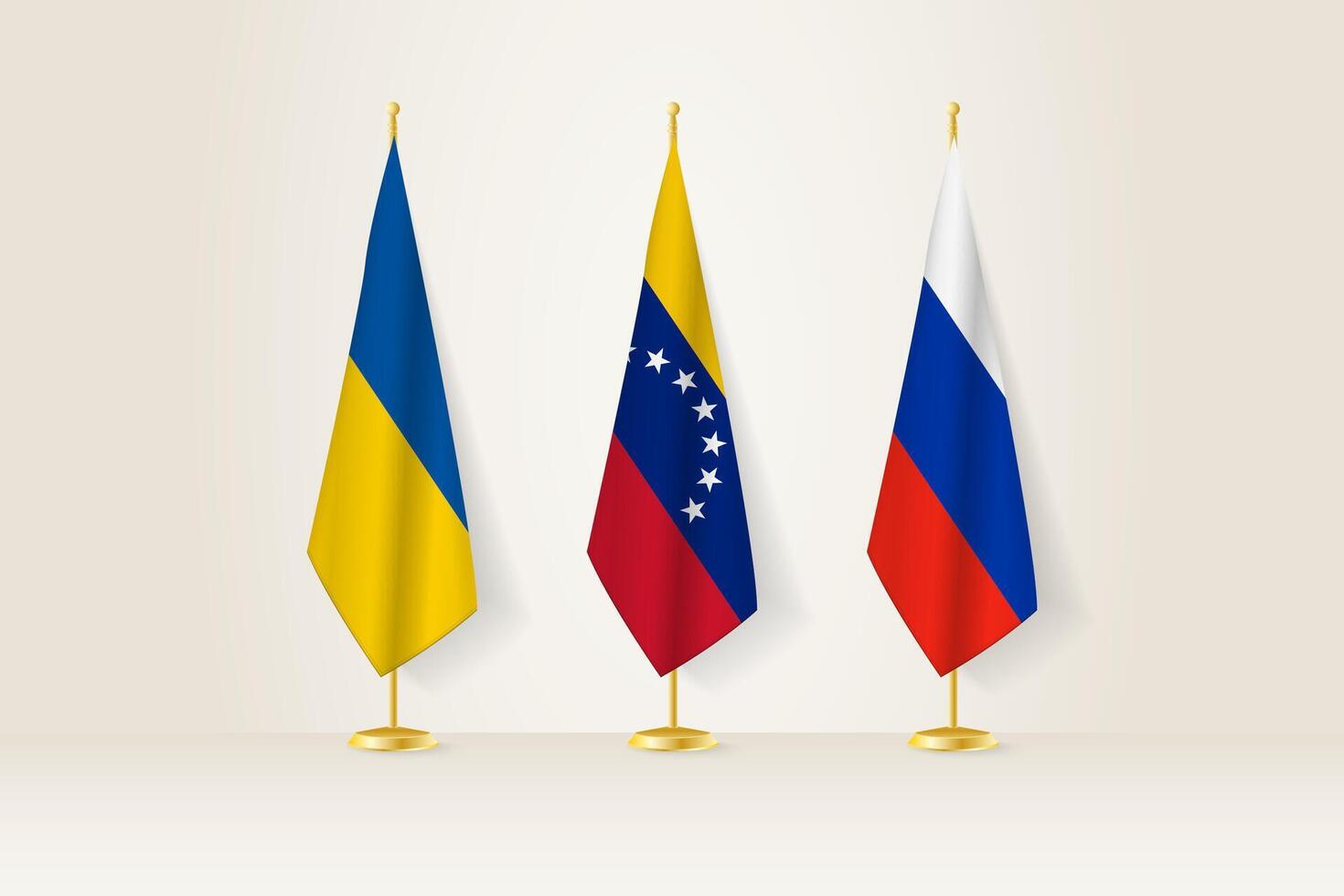 Diplomatic Meeting Representation, Ukraine, Venezuela and Russia Flags. Flags on Diplomatic Stands. vector