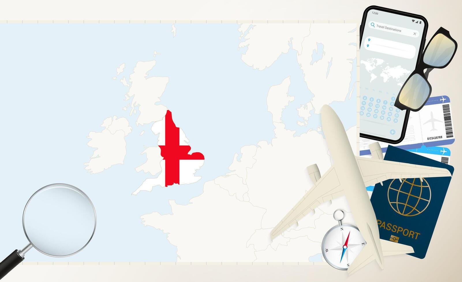 England map and flag, cargo plane on the detailed map of England with flag. vector