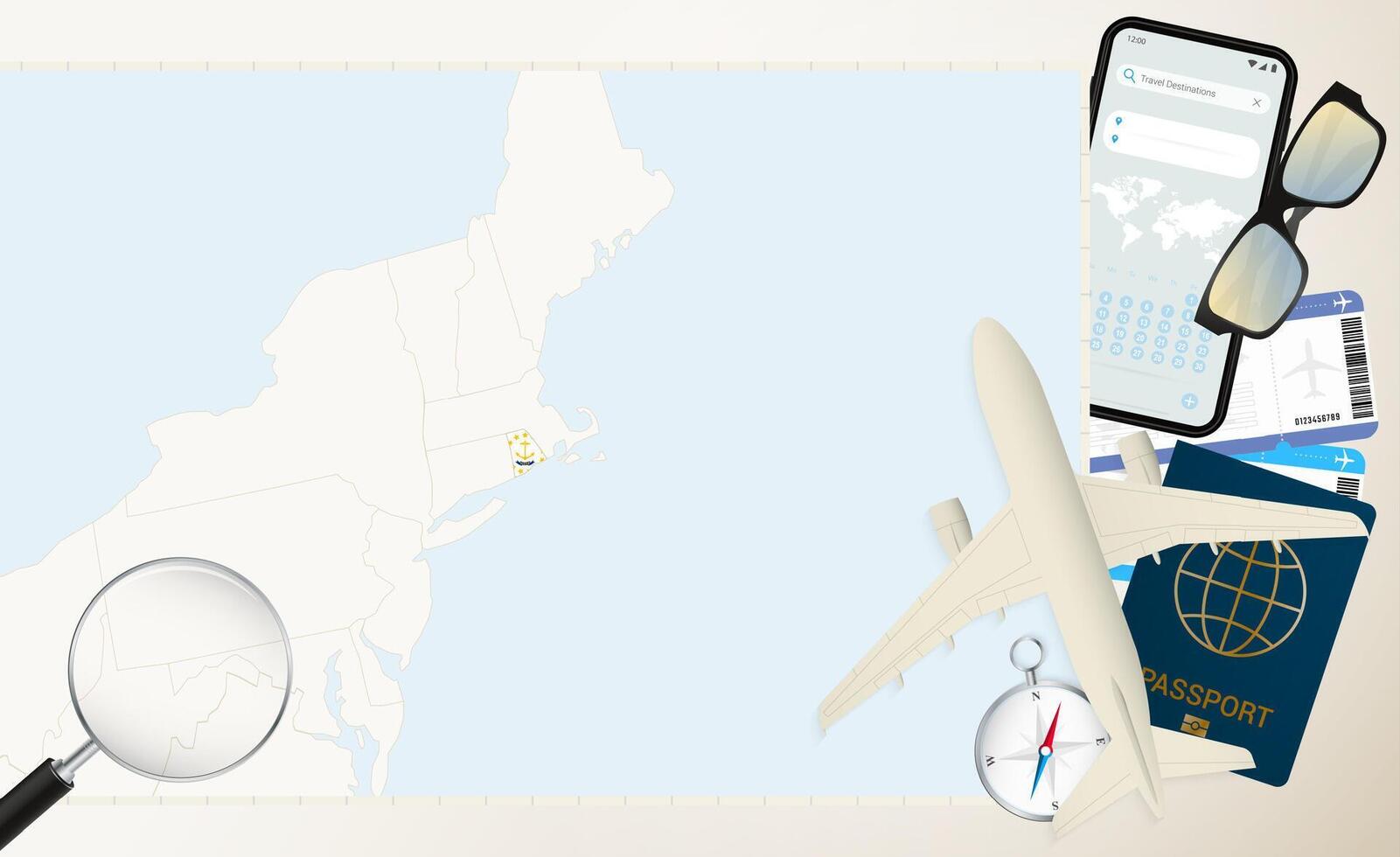 Rhode Island map and flag, cargo plane on the detailed map of Rhode Island with flag. vector